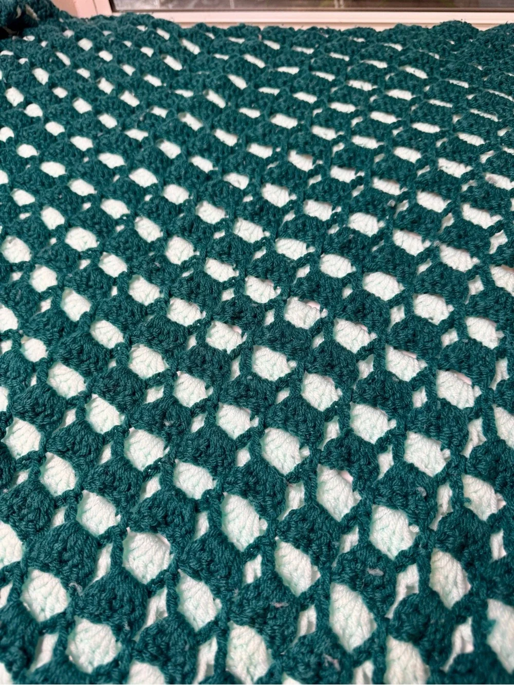 Handmade Crochet Open Weave Throw - Deep Teal 66”x44”.